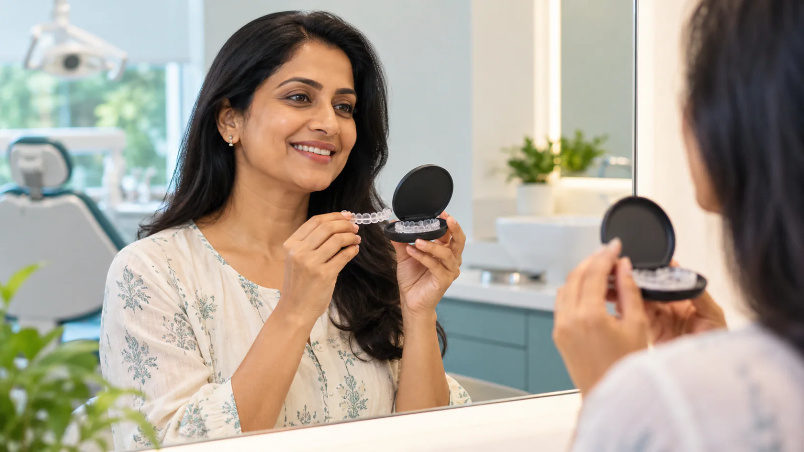 Adult patient wearing clear dental aligners