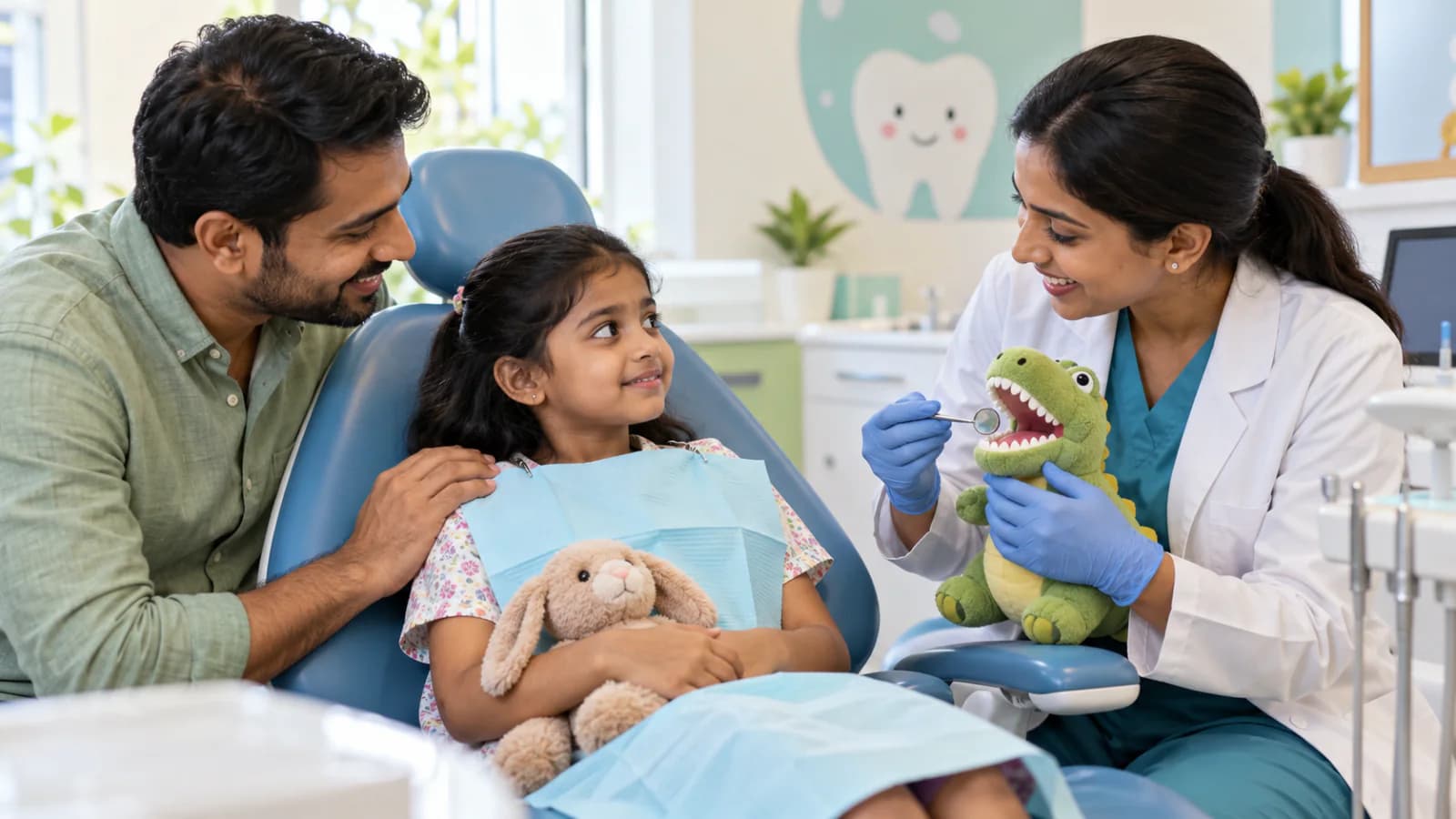 Dentist gently reassuring a child with dental anxiety