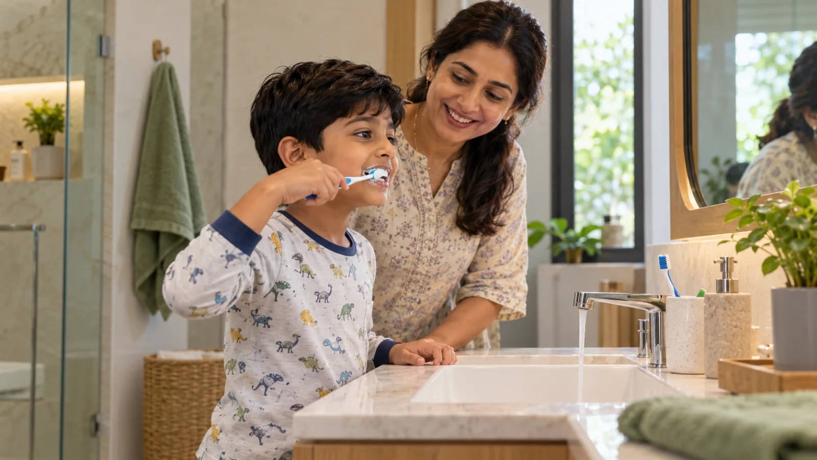 Child learning to brush teeth properly to prevent cavities